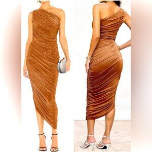 ONE SHOULDER GLITTER RUCHED BODY CON IRREGULAR HEM DRESS IN CARAMEL SIZE M~NWT